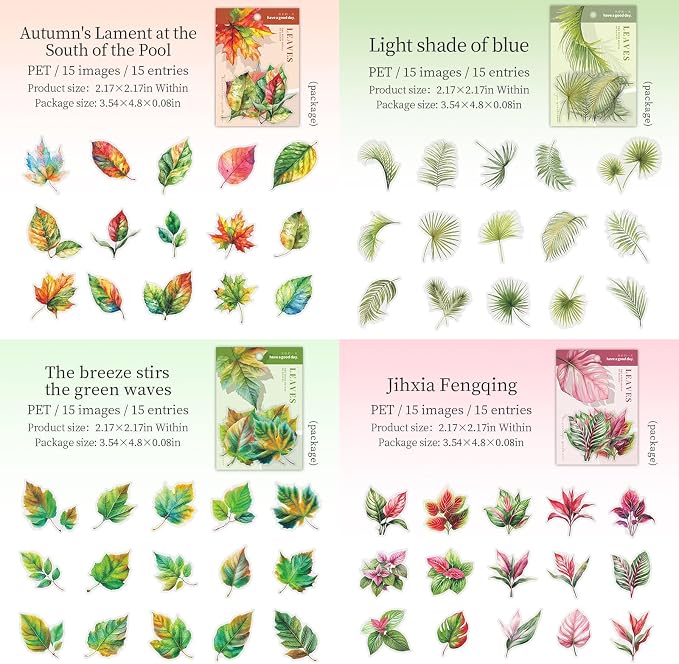 90 Pcs Aesthetic Realistic Watercolor Leaf PET Stickers for Scrapbooking