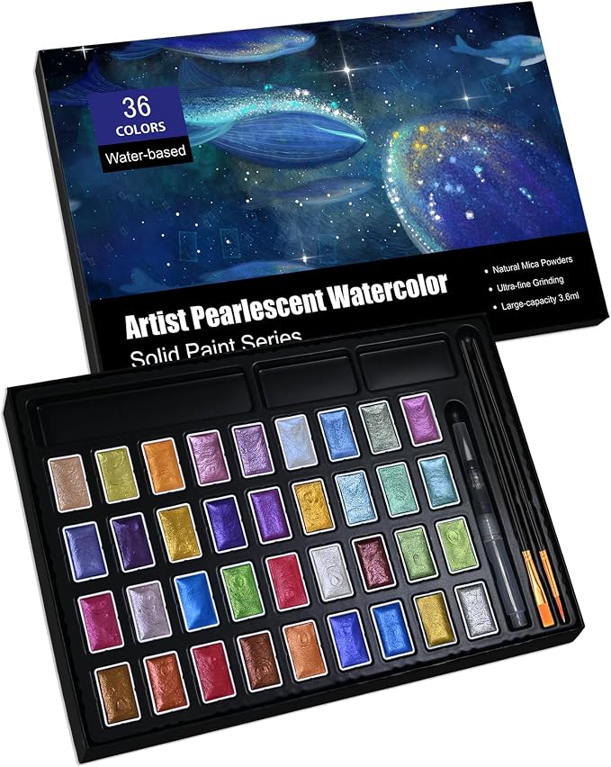 Shimmer Watercolor Paint Set, 36 Colors Glitter Metallic Watercolour Painting Sets, Solid Pearl Water Color Paints for Artists, Amateur Hobbyists and Painting (36 Colours)