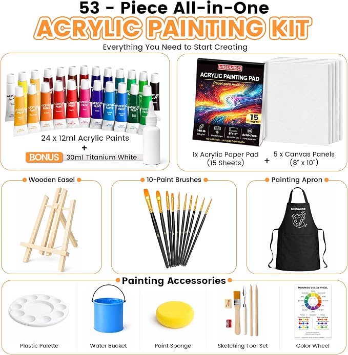 MISUMISO Acrylic Paint Set for Beginners - 24 Colors Painting Kit with Canvas Panels, Easel, 10 Brushes, Apron, Palette & Accessories - Art Kit Painting Supplies for Adults Kids Teens, Gift Set
