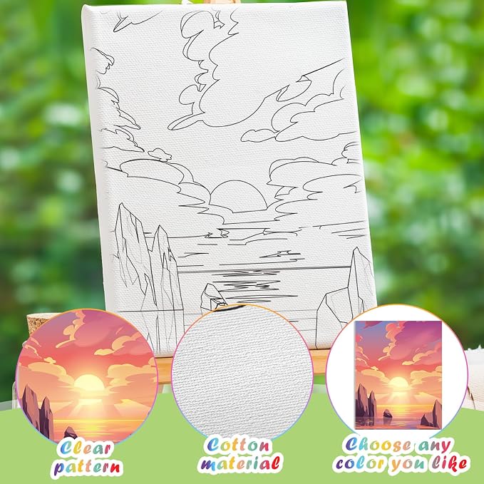 Chuangdi 10 Pcs Landscape Pre Drawn Canvas for Painting Pre Printed Paint and Sip Party Supplies 8 x 10 Inch Stretched Outline Board Painting Kit for Adults Beginner Artist DIY