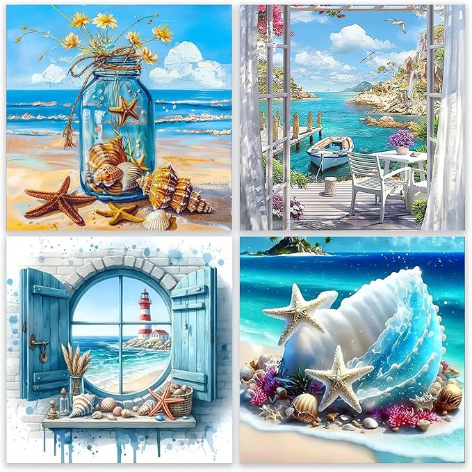Diamond Art Kits for Adults,4 Pack Beach Diamond Painting Kits 12x12inch
