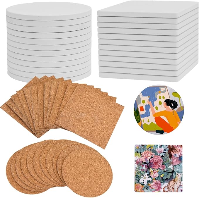 24 Pcs Ceramic Tiles for Crafts White Ceramic Coasters for Crafts Blank Unglazed Ceramic Tile 4x4 for Painting, Alcohol Ink, Acrylic Pouring, DIY Coaster, Cork Backing Pads Included