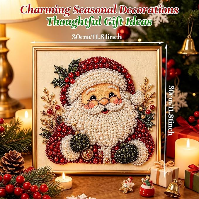 Irsnianianfa DIY Christmas Pearl Diamond Art Painting Kit with Frame,11.8x11.8in 3D Christmas Pearl Beads Art Craft for Adults Beginner,Holiday Christmas Wall Decor,Healing Stress-Relieving(A03)