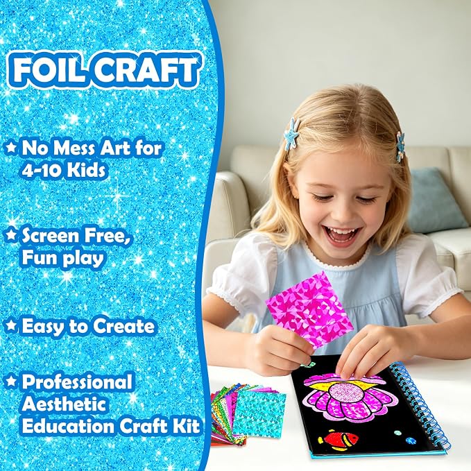 FUNNYB&G Foil Art Craft Kit for Kids, Sparkly Birthday Gift Toy for Kids | No Mess, Kids Ages 4-10 Create Sparkling Artwork, A Creative Gift for Birthdays, Holidays, Travel Activities,Screen-Free Fun