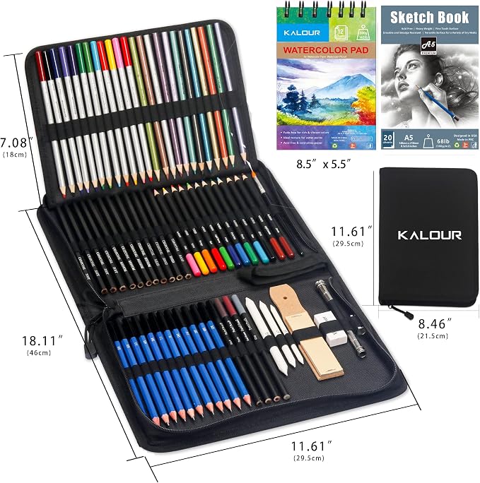 KALOUR 76 Drawing Sketching Kit Set - Pro Art Supplies with Sketchbook & Watercolor Paper - Include Tutorial,Pastel,Watercolor,Sketch,Colored,Metallic,Charcoal Pencils - for Artists Beginners Adults