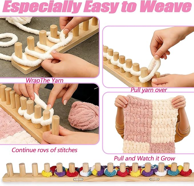 Helihuo 65”Wooden Loom for Chunky Blanket, Long Installation Free and Adjustable Foldable Portable Extra Loom, Beginner-Chunky Knitting for Beginners and Home Decoration (65”)