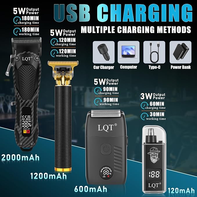 Hair Clippers for Men with LED Power Display, 4-Piece Professional Grooming Kit with Hair Clipper, Detail Trimmer, Foil Shaver & Nose Trimmer, Complete Cordless Set for Home Barber Use (Black)