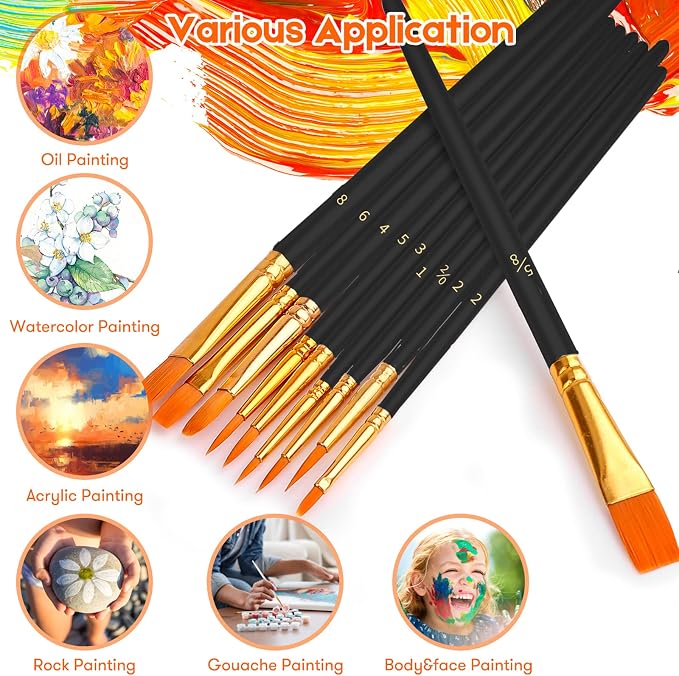 Soucolor 40-Pc Round Tip Paint Brushes, Acrylic Oil Watercolor, Black | 40pcs, 10 sizes, soft nylon bristles, nickel ferrules, blue wood handles — great for acrylic, oil, face, nail & rock art.