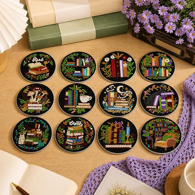 Zonon 12 Pcs Book Magnets Diamond Art Bookshelf Fridge Magnets for Adults | Reading Themed Designs, Small DIY Kits, Library Decor Stickers, Fridge Home Decoration, Completed Diamond Painting Sets