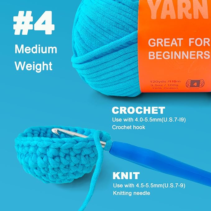Beginner Easy Yarn for Crocheting and Knitting, Blushing Blue | 3.5Oz/120yds，Medium Worsted Weight 4, Easy-to-See Stitches, Soft and Smooth Cotton Blend Yarn for Beginners Amigurumi DIY
