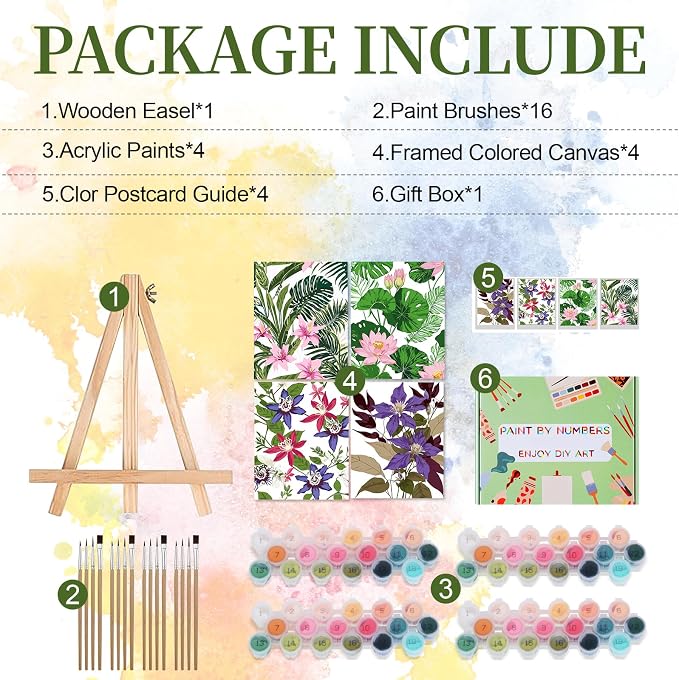 Qoosea Paint by Numbers Kit for Adults with Framed Canvas 4 Pack | Floral Paint by Number Arts Kits for Beginner with Wooden Easel, Acrylic Set, Brushes for Home Decor, 9 * 12 Inch