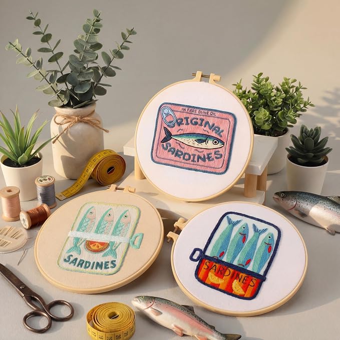 Mindsoft 3 Set Needlepoint Kit for Beginners with Hoop,Sardine | Bamboo Hoop Thread Needles Instructions, Easy Hand Embroidery for Beginners Home Crafts,Pre-stamped Funny Cute Designs
