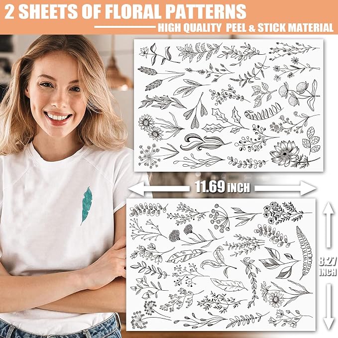 Patemby Embroidery Pattern Water Soluble Embroidery Stabilizers, Stick and Stitch Embroidery Paper Wash Away with Pre-Printed Pattern Designs Stencils Transfers for Hand Sewing Lover Beginner