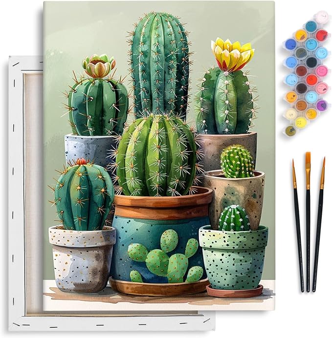 Yezavesu Cactus Framed Paint by Numbers Kit for Adults Beginner | With Frame Canvas 12x16 Inch, DIY Acrylic Painting by Numbers Cactus Plant, Stress Relief Craft Kits, Home Wall Decor Gift