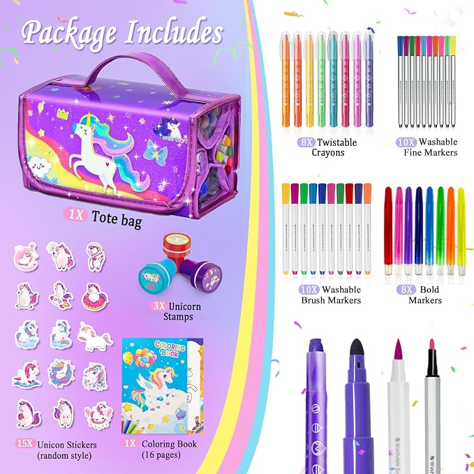 56 PCS Washable Scented Markers Set with Glitter Pencil Case, Kids Art Set