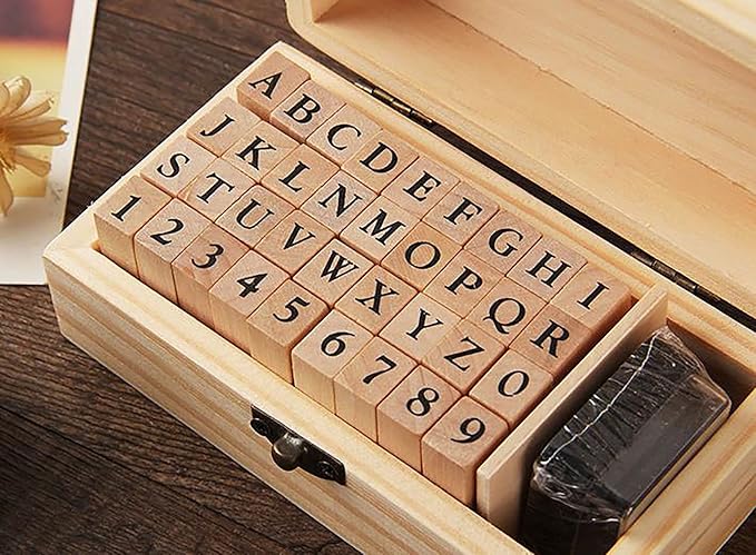 Pack of 36 Pcs Small Wooden Rubber Stamps 0.2 Inch of Letter and Number for DIY Craft Card and Photo Album (A)