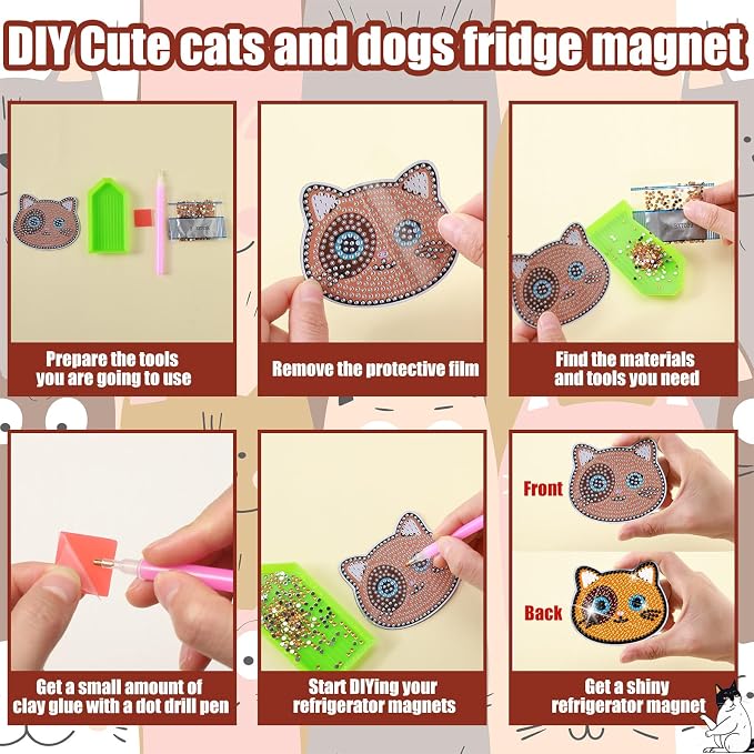 Remuuly 30 Pcs Cat and Dog Diamond Painting Magnets Diamond Art Magnets Kit | Diamond Art Kits for Adult, Refrigerator Magnet, 5D Rhinestone Fridge Magnetic Sticker, Diamond Club Gift, Beginner DIY Craft