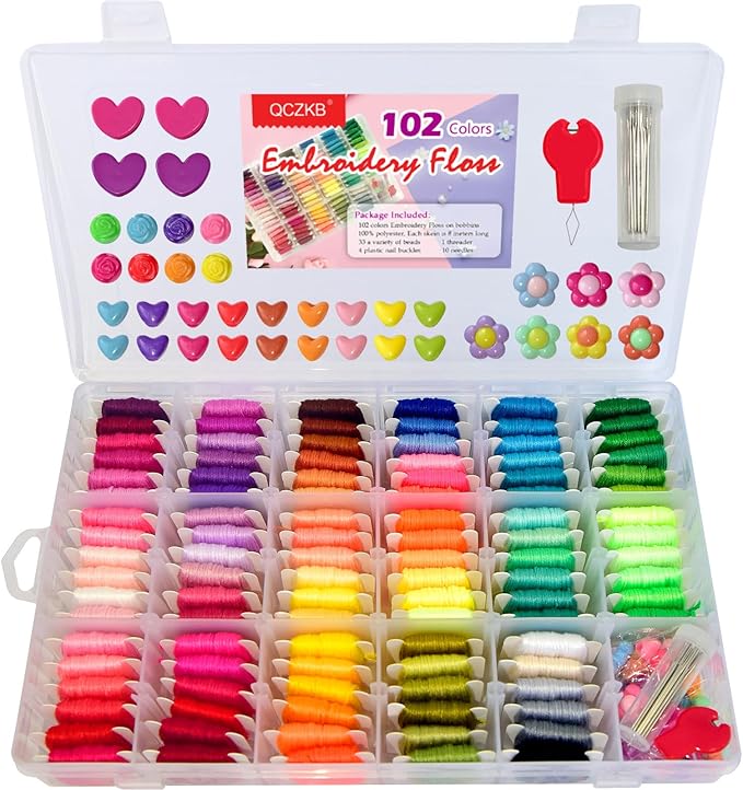 QCZKB Friendship Bracelet String 102 Skeins Fashionable Rainbow Color Embroidery Floss Cross Stitch Embroidery Thread Bracelet Yarn, Craft Floss with Beads，Tool kit