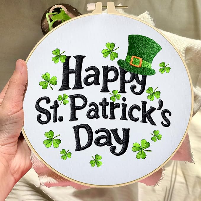 BEUNITONE 4 Set Lucky Clover Pattern Embroidery Kit for Adult Beginners | DIY Complete Needlepoint Kits for Adults, Cross Stitch Starter Kit with Hoops, Handmade Gifts for Fabric Home Decor 20x20cm