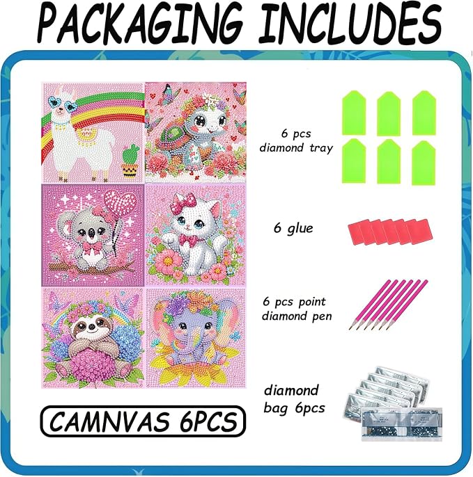 Acelii 6 Pack Elephant Diamond Painting Kits for Kids, 5D DIY Art Set | Cute Elephant Gem Art Kit for Kids & Beginners, Full Round Big Gems, Home Wall Decor, 6 x 6 Inch Craft Gift