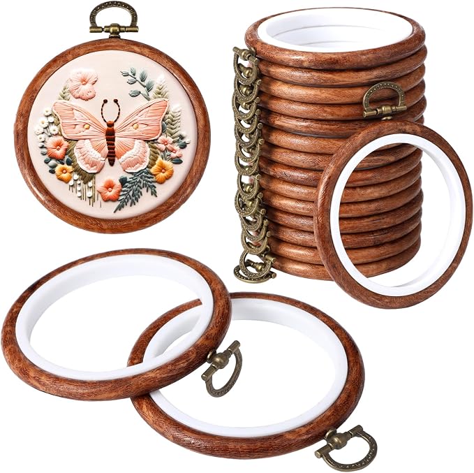 Burbell 15 Pcs 8 Inch Round Embroidery Hoops Frame Circle Spring Rubber Hoops Ring Display Cross Stitch Ornament Imitated Wood Frame Kits for Spring Gifts Mother's Day Craft Sewing DIY Hanging Gifts