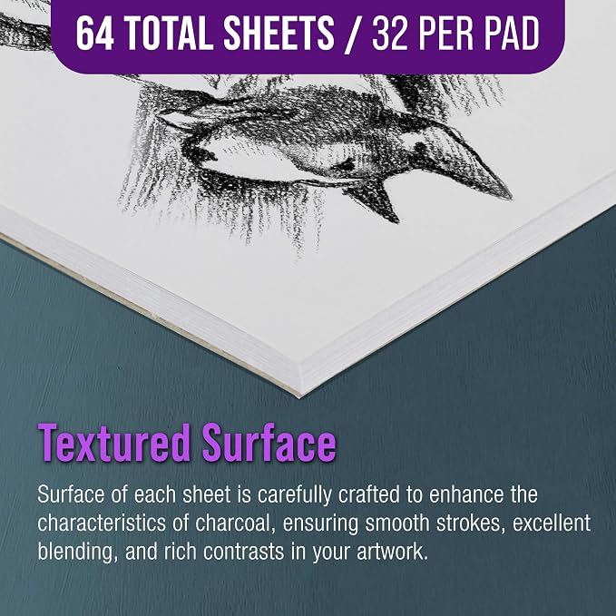 U.S. Art Supply 9" x 12" Premium Heavy-Weight Charcoal Sketchbook Pad | 90lb (160gsm), 2-Pack, 64 Sheets Total, Sketch Book Pad for Charcoal, Pencil & Pastel Drawing