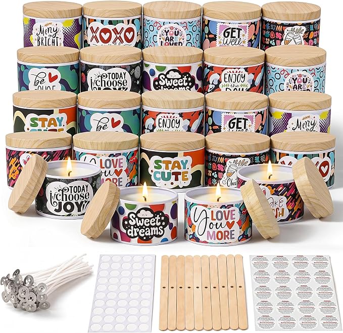 LumaCraft Thick Candle Jars for Making Candles 24 Pcs, 4 OZ Empty Jars with Wood Lids for Candle Making,Colorful Inspirational Print Candle Containers with Candle Making Supplies