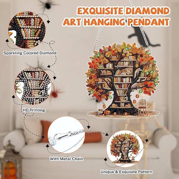 Bowetile Fall Diamond Art Hanging Kits for Adults, Tree of Books Diamond Art Suncatchers Maple Leaf, 5D Special Shape Autumn Diamond Painting Pendant Window Ornament for Home Wall Decor