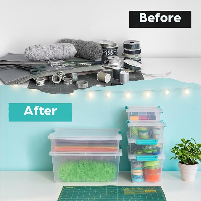 IRIS USA Storage Bins with Lids |Made in USA| 1 Qt - (6-Pack) - Clear | Sensory Craft Organizers, Plastic Clip Box Totes, Flat Containers for Organizing Paper, Office, Art & Study Supplies