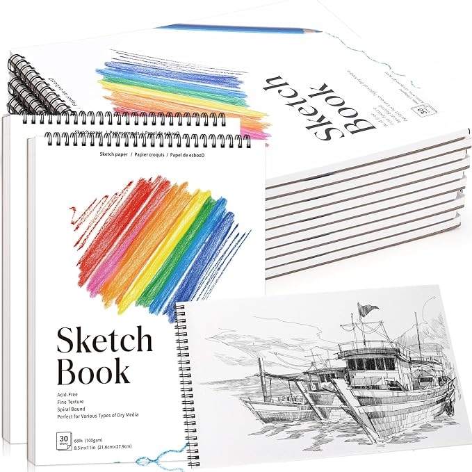 12 Pack Sketch Books, 8.5 × 11 in, Spiral Bound, 100gsm, Acid Free | 30 Sheets Each, 68lb Paper, Works with Pencil Charcoal & Crayon, Portable for School Travel & Beginner Artists