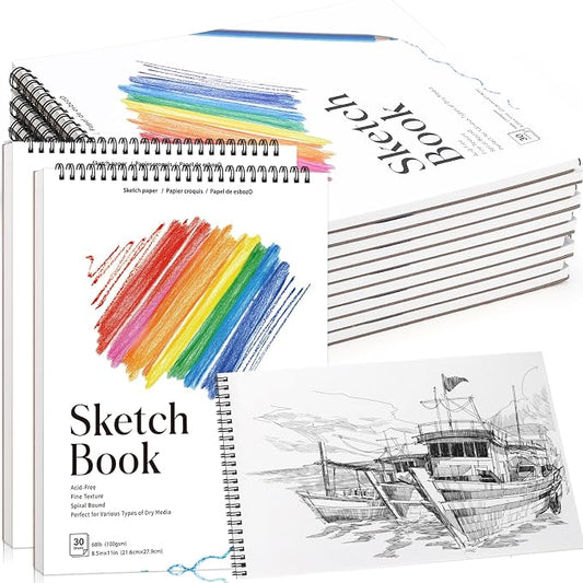 12 Pack Sketch Books, 8.5 × 11 in, Spiral Bound, 100gsm, Acid Free | 30 Sheets Each, 68lb Paper, Works with Pencil Charcoal & Crayon, Portable for School Travel & Beginner Artists