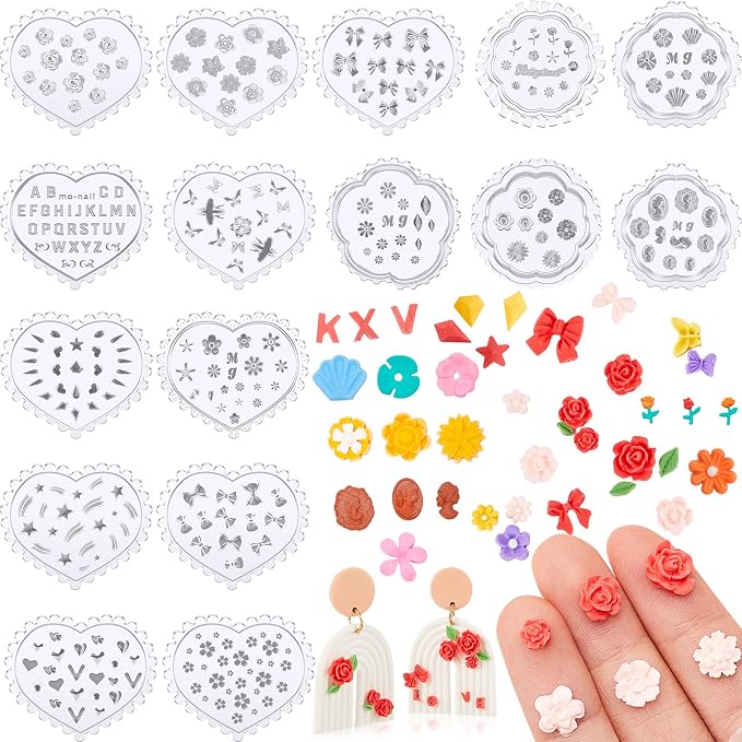 Zeyune 16 Pcs Summer Small Flower Polymer Clay Molds, Mini 3D Silicone Resin Casting Molds for Earring Making Jewelry DIY, Includes Alphabet, Flower, Heart and Bow Shapes(Cameo & Rose)