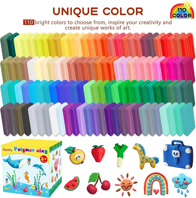 IGaiety Polymer Clay Kit for Kids, 110 Colors Oven Bake Clay | 245 Pcs Complete Modeling Clay Kit Soft & Easy to Shape for Jewelry Making, DIY Crafts, Creative Hobbies and Handmade Gifts