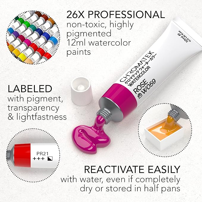 CHROMATEK Watercolor Paint Set - 62 Piece Kit for Adults, Beginner & Professional Artists - 26 Tubes (12ml), 25 Pages Sketch Pad, 8 Painting Brushes, Aquapen, Palette, Masking Tape - Art Supplies