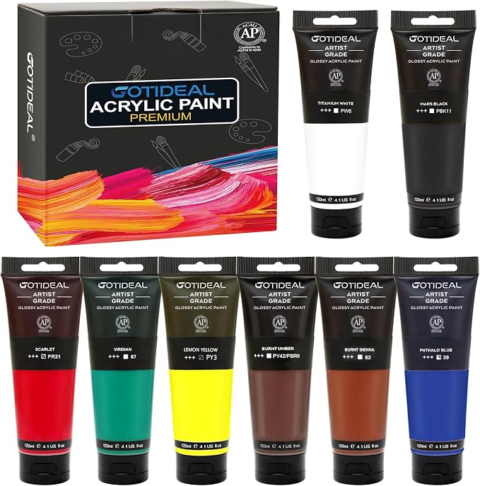 GOTIDEAL Craft Acrylic Paint Set,8 Primary Colors（(120ml,4 oz) Washable | Rich Pigments Non-Toxic, Professional Paint for Pouring on Canvas, Rocks, Ceramic, Fabric, Leather, for Artist, Adults