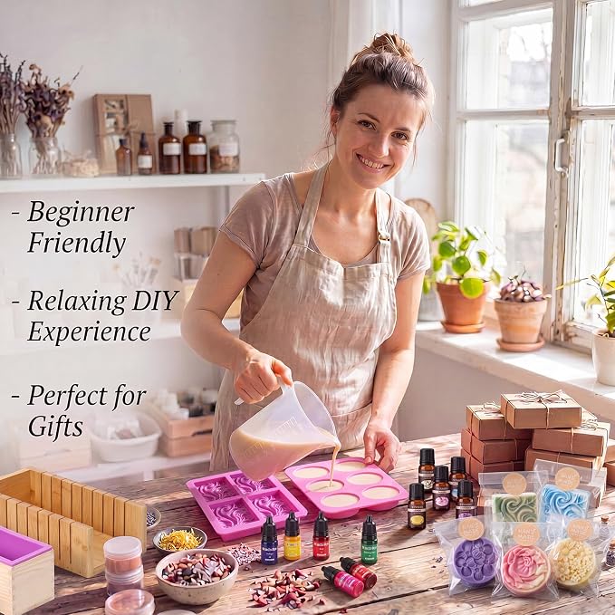 Honeydak Soap Making Kit Complete, 2kg Soap Base, 8 Liquid Dyes, 8 Fragrance Oils, Wooden Cutter Box, 3 Silicone Molds, Stainless Steel Cutters, Packaging Supplies for Beginners & DIY Gift