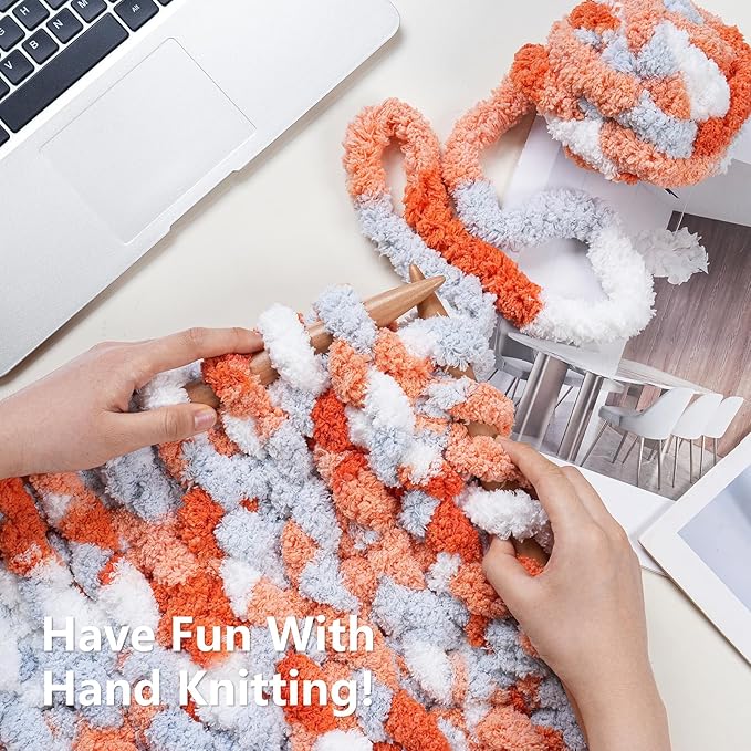 Cozyful Chunky Yarn for Hand Knitting - #10 Chunky Chenille Blanket Yarn, Jumbo Big Thick Chunky Yarns for Crocheting, Tie Dye Bulky Knit Yarns, 8 Skein (20 yds 8 oz Each Skein), Multi Orange&Grey