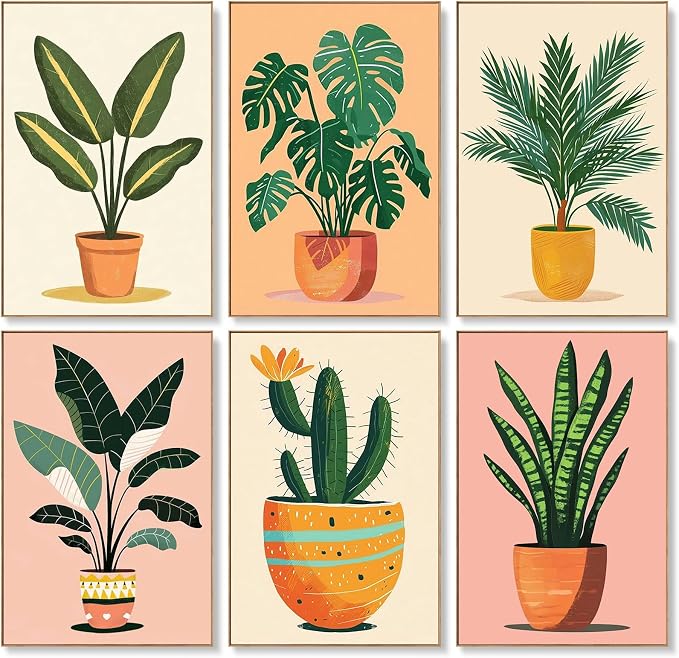 6 Pack Paint by Numbers Kit for Adults, Potted Green Plant, 8x12 Inch | Acrylic Number Painting Set, DIY Canvas Art Craft Kit, Beginner Friendly, Home Wall Decor, Stress Relief Relaxing Hobby Gift