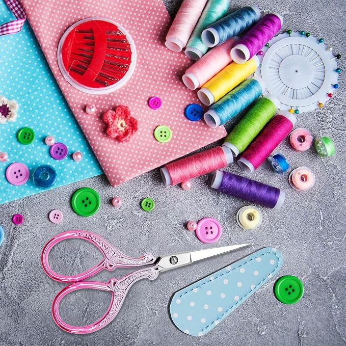 3.6Inch Little Scissors Sewing Scissors with Leather Scissor Cover | Stainless Steel Sharp Tip Craft Scissor for Embroidery Craft Needlework Artwork Cross Stitch DIY Thread