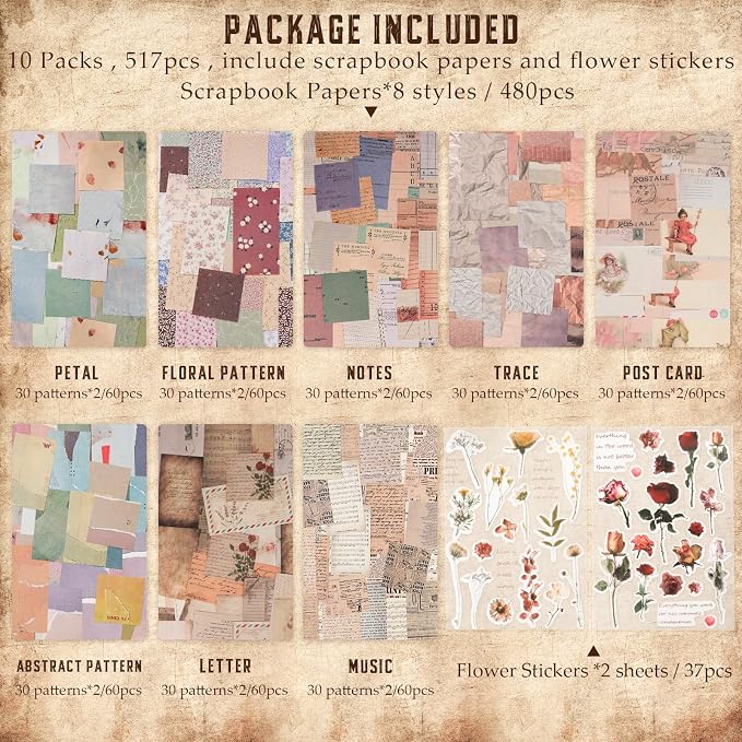 517 Pcs Vintage Scrapbook Paper,Scrapbook Supplies Stickers,Journaling Supplies Include 37 Pcs Flowers Stickers Aesthetic Journal Paper for Planner,Bullet Journaling,Junk Journal