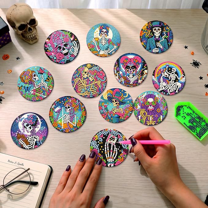 Zonon 12 Pcs Halloween Diamond Art Magnets Sugar Skull Diamond Painting | Colorful Skull Magnetic Stickers Kits for Adults, Easy DIY Fridge Decor for Party Home, Fun Craft