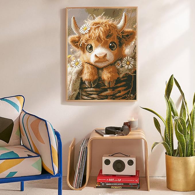 Diamond Art Kits for Adults, Highland Cow Diamond Painting for Beginners | 12x16 Inch, Full Drill Round Dots, Baby Cow DIY 5D Gem Art Craft Kits, Home Wall Decor, Stress Relief Relaxing Hobby Gift