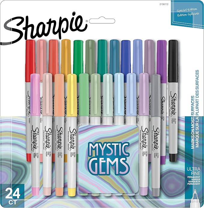 SHARPIE Permanent Markers Ultra-Fine Point Featuring Mystic Gem Color Markers Assorted 24 Count (Pack of 6)