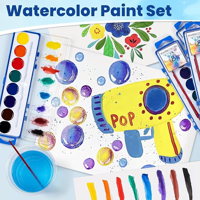 72 Pack Watercolor Paint Set, Washable Water Color Paint Bulk for Kids | Water Color Paint with Brushes, Ideal Gifts for Party Favors, School Supplies & Classroom Prizes, Art Activities, 8 Colors