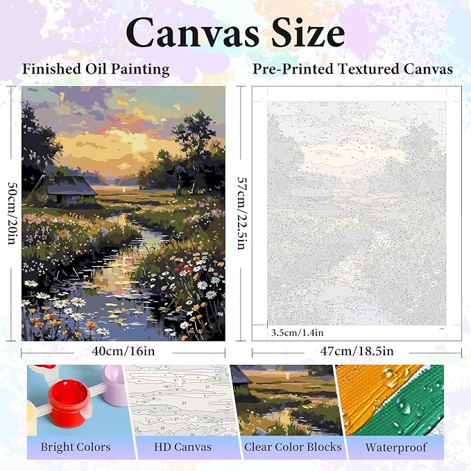 Paint by Numbers Kit for Adults, Sunset Cottage Number Painting Canvas Kit | DIY Acrylic Landscape Painting Set for Beginners, Stress Relief Relaxing Craft, Home Wall Decor, Gift for Adults, 16x20 Inch