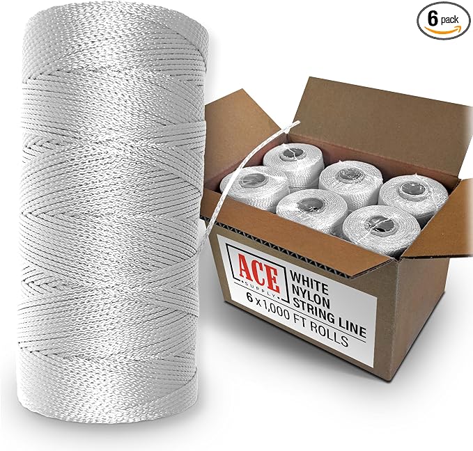 White Mason Line String Line - #18 Braided Nylon String - 6,000 Ft Length - Nylon Twine for Gardening Or Masonry Tools - Perfect Construction String for A String Level, Twine String for Gardening