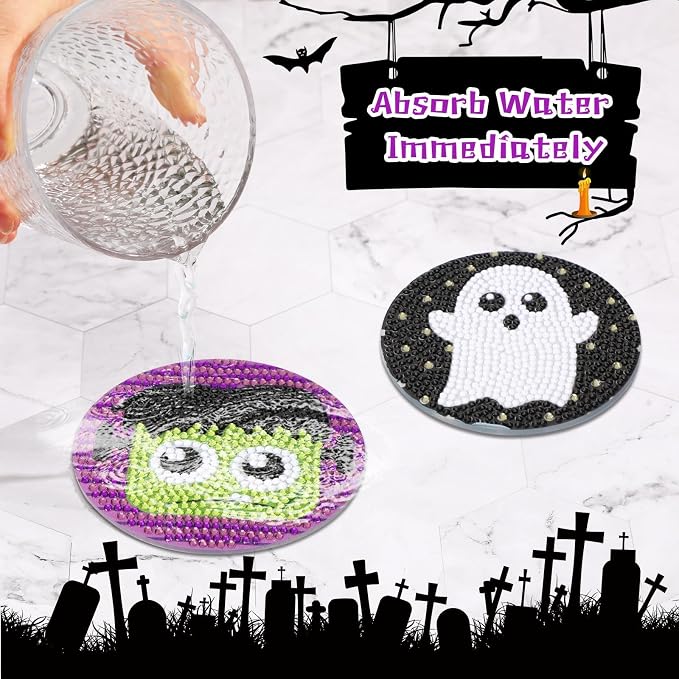 UPINS 8Pcs Halloween Diamond Art Painting Coasters Kits with Holder | Diamond Art Non Slip Coaster Kits ,DIY with Holder crafts, for Adults Diamond Art Painting Kits Supplies