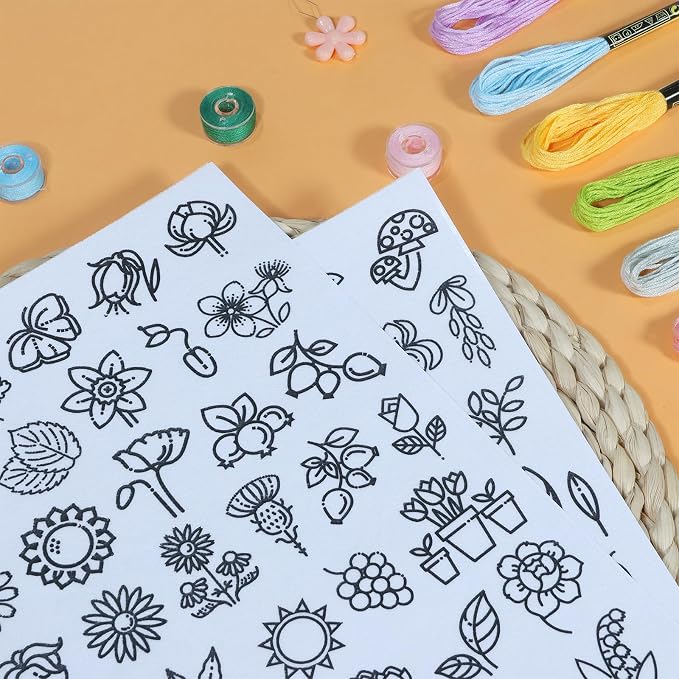 Patemby Embroidery Pattern Water Soluble Embroidery Stabilizers, Stick and Stitch Embroidery Paper Wash Away with Pre-Printed Pattern Designs Stencils Transfers for Hand Sewing Lover Beginner