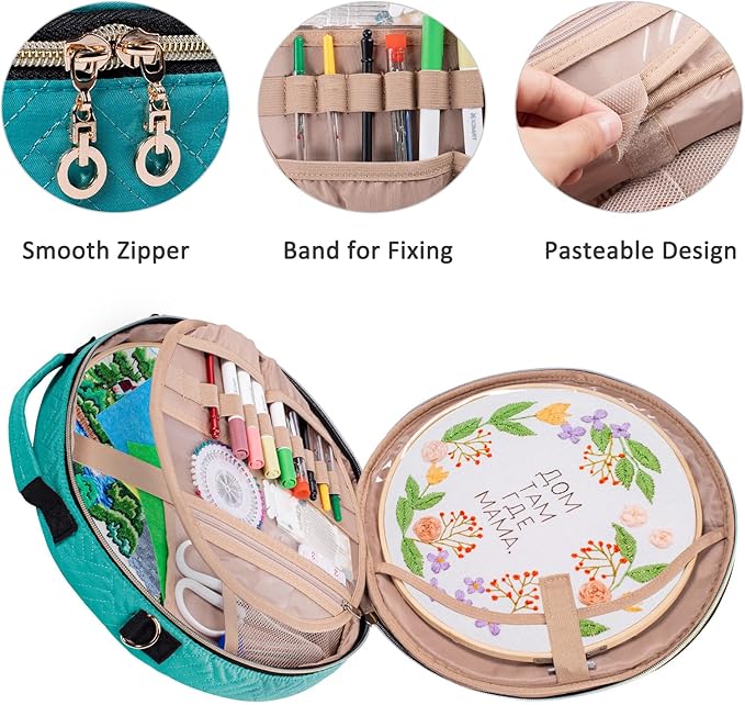 MYBAGZING | Round Embroidery Bag - Storage Organizer with Multiple Pockets for Cross Stitch & Embroidery Kits