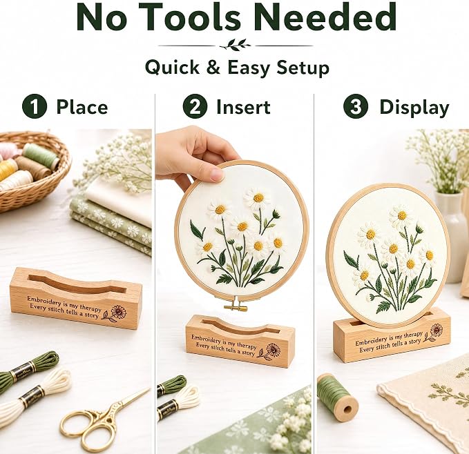 PXIRQ 2-Pack Embroidery Hoop Display Stand – 2‑Tier Grooved Frame Holder Wooden Base for Showcasing Finished Embroidery Art, Cross-Stitch Projects & Needlework, Home Decor & Craft Fairs Accessories